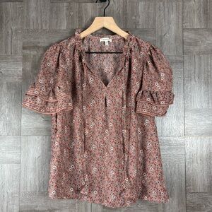 Max Studio Rust Boho V Tie Neck Floral Tiered Ruffle Sleeve Peasant Blouse